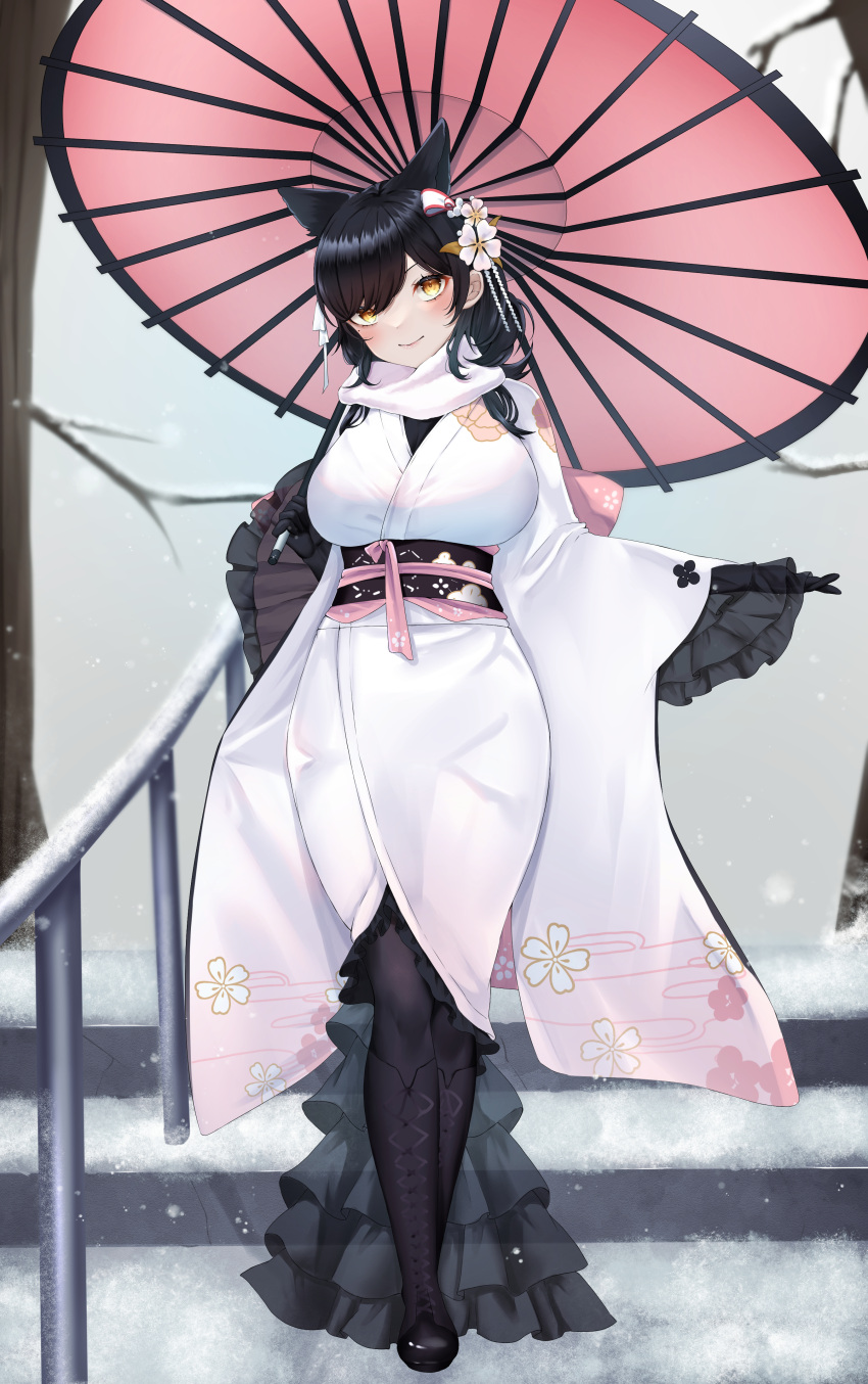 1girl, absurdres, animal_ears, atago_(azur_lane), atago_(hallmarks_of_winter)_(azur_lane), azur_lane, black_footwear, black_gloves