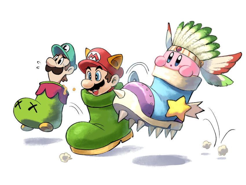 2boys, animal_ears, copy_ability, crossover, goomba's_shoe, green_headwear, hat, highres