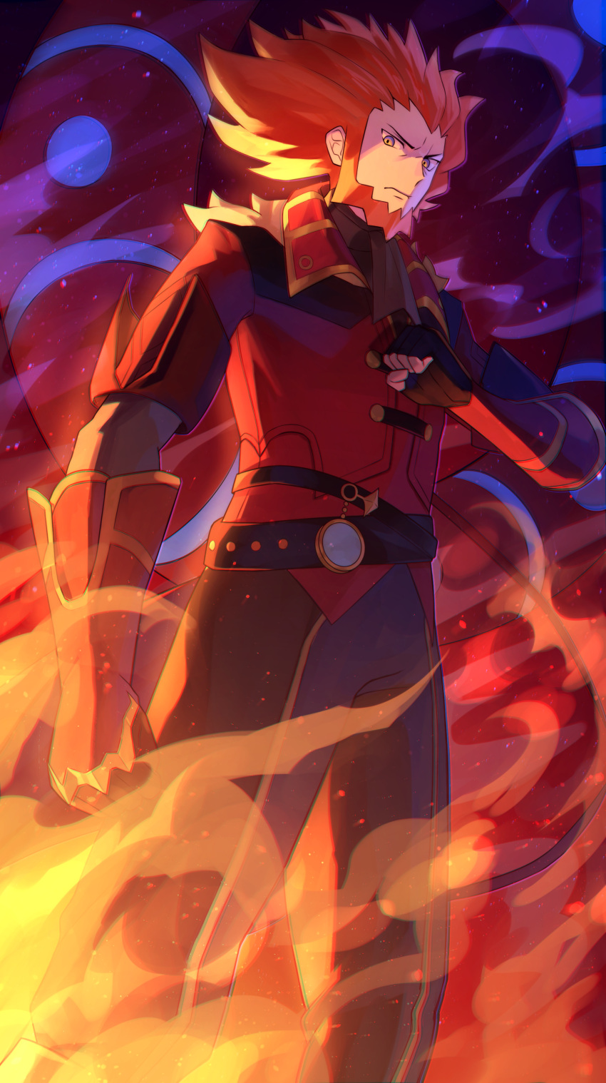 1boy, absurdres, beard, blue_eyes, clenched_hand, commentary_request, embers, facial_hair