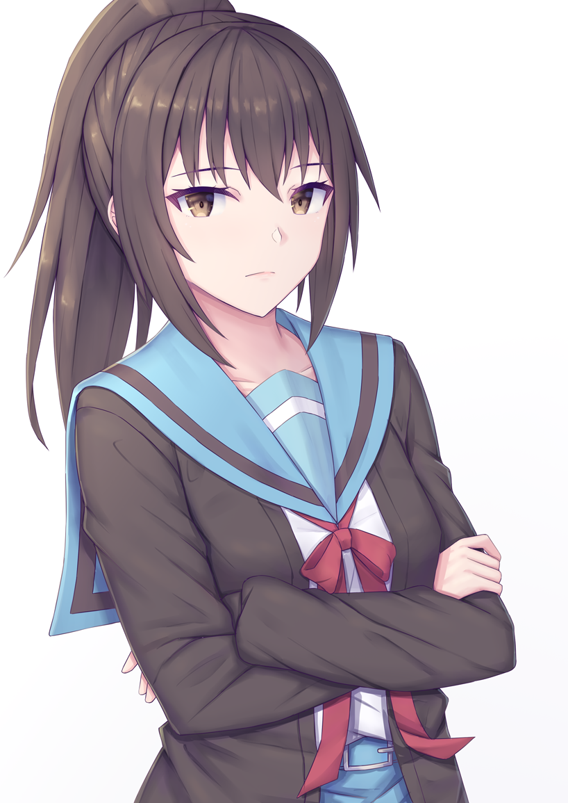 1girl, belt, blue_belt, blue_sailor_collar, blue_skirt, brown_cardigan, brown_hair, cardigan