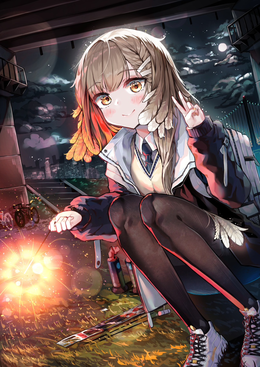 1girl, :>, absurdres, arknights, bicycle, bird_girl, black_jacket, black_necktie