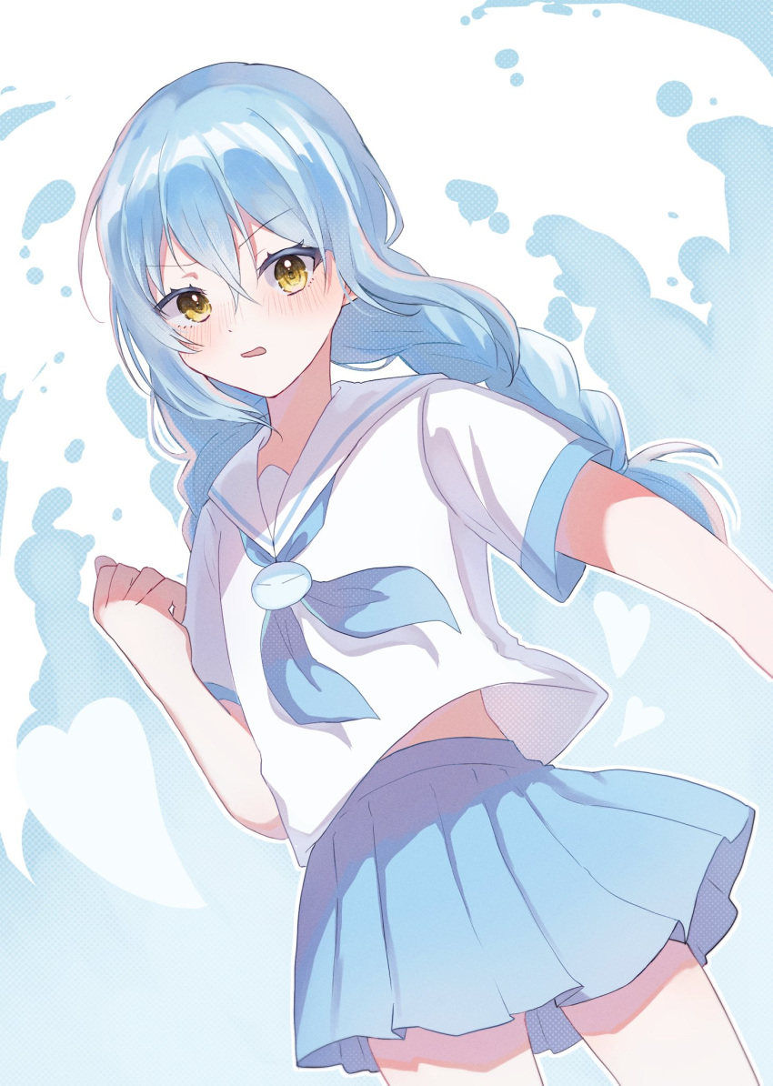 1other, blue_hair, blue_skirt, blush, chocoeiru, cowboy_shot, hair_between_eyes, highres