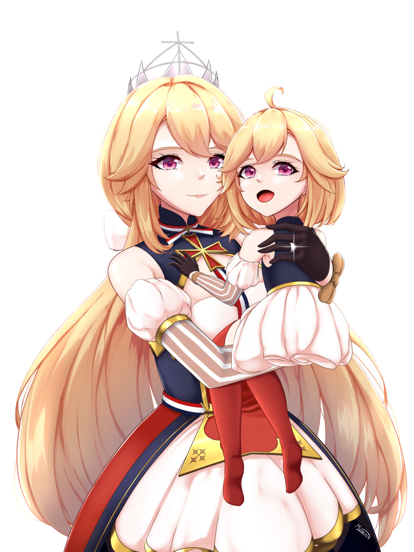 2girls, absurdres, azur_lane, black_gloves, blonde_hair, child, crown, dress