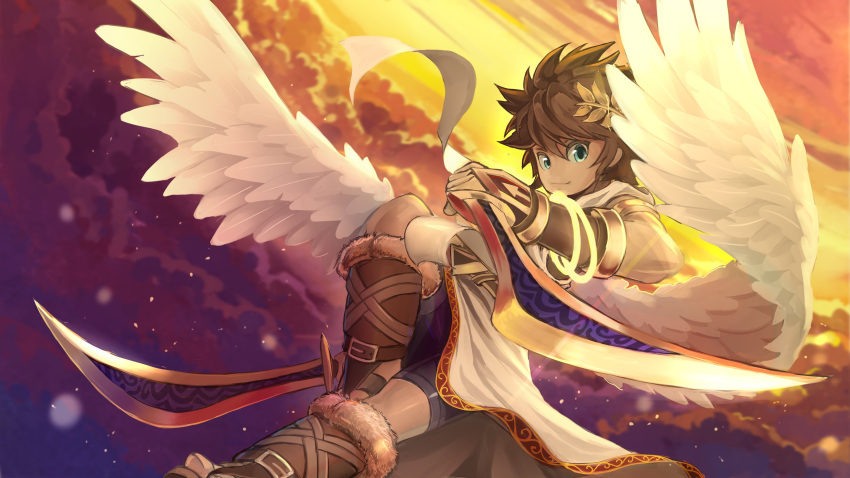 1boy, absurdres, angel, angel_wings, blue_eyes, brown_hair, clouds, dual_wielding