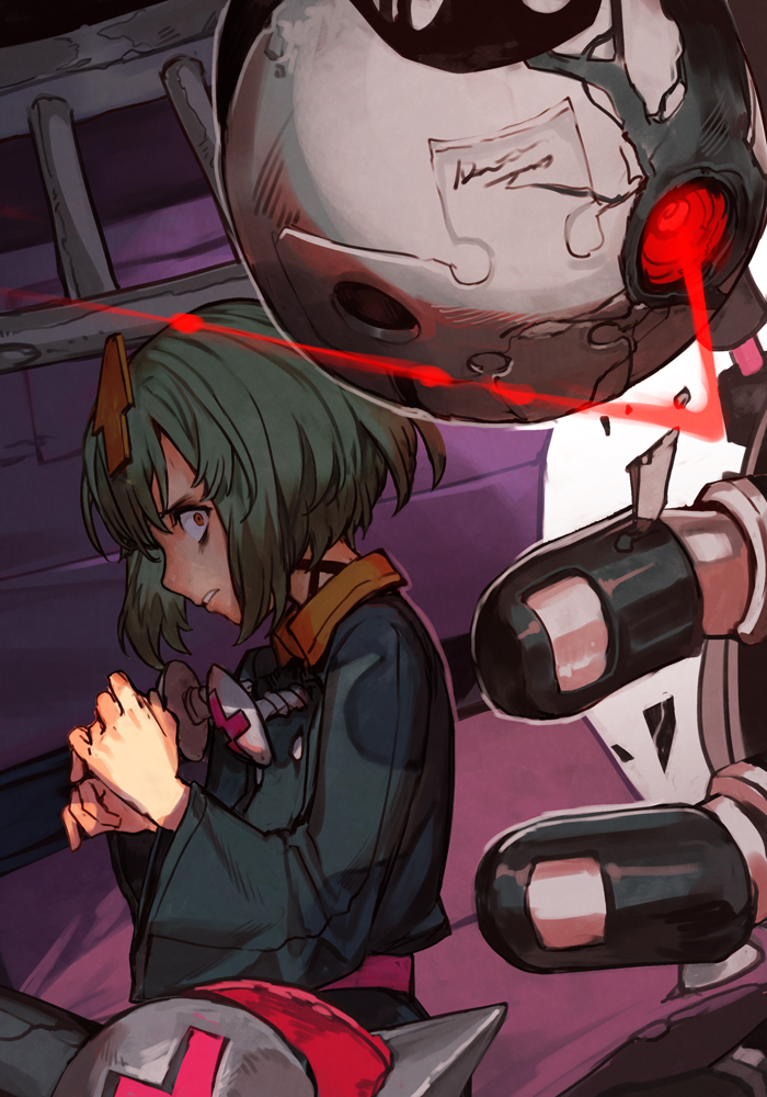 1girl, arrow_(symbol), bags_under_eyes, bed, bedman?, bolt, delilah_(guilty_gear), from_side