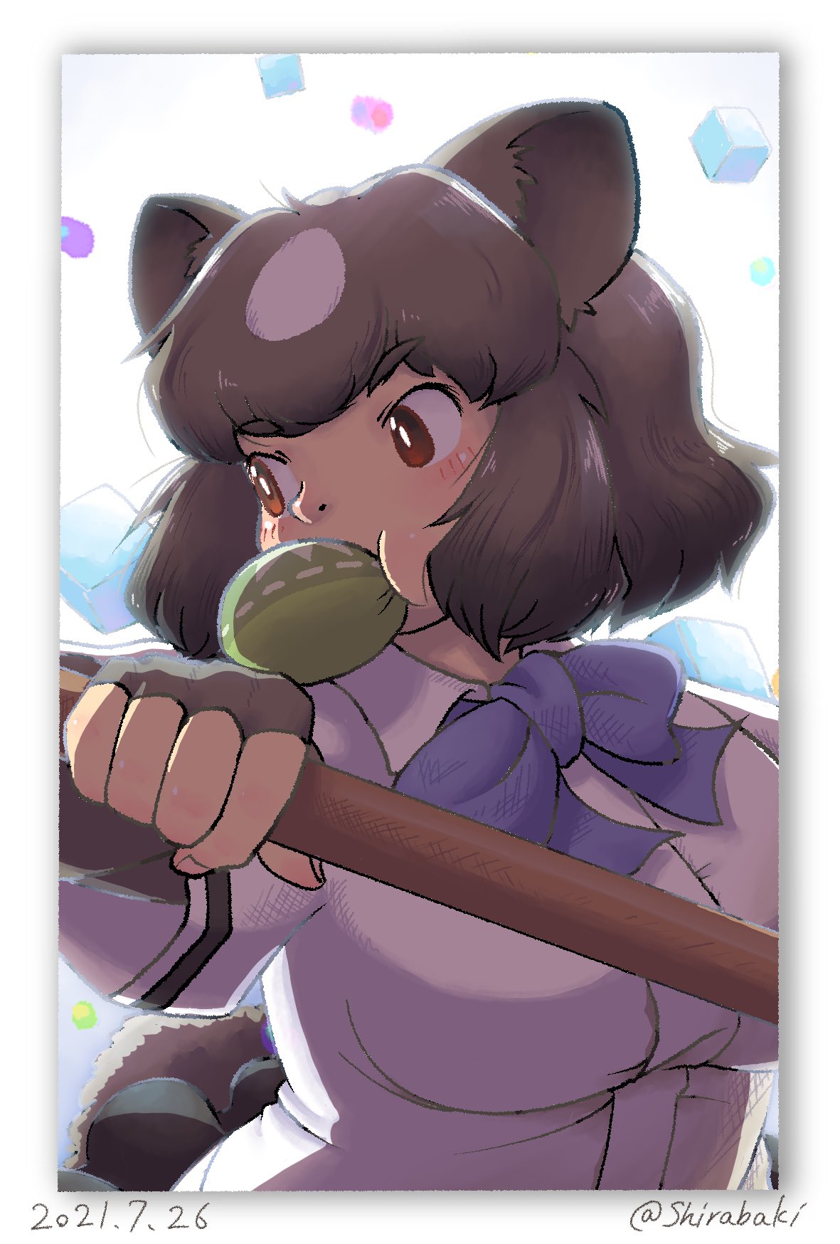 1girl, animal_ears, bear_ears, bear_girl, bear_tail, blue_bow, blue_bowtie, blush