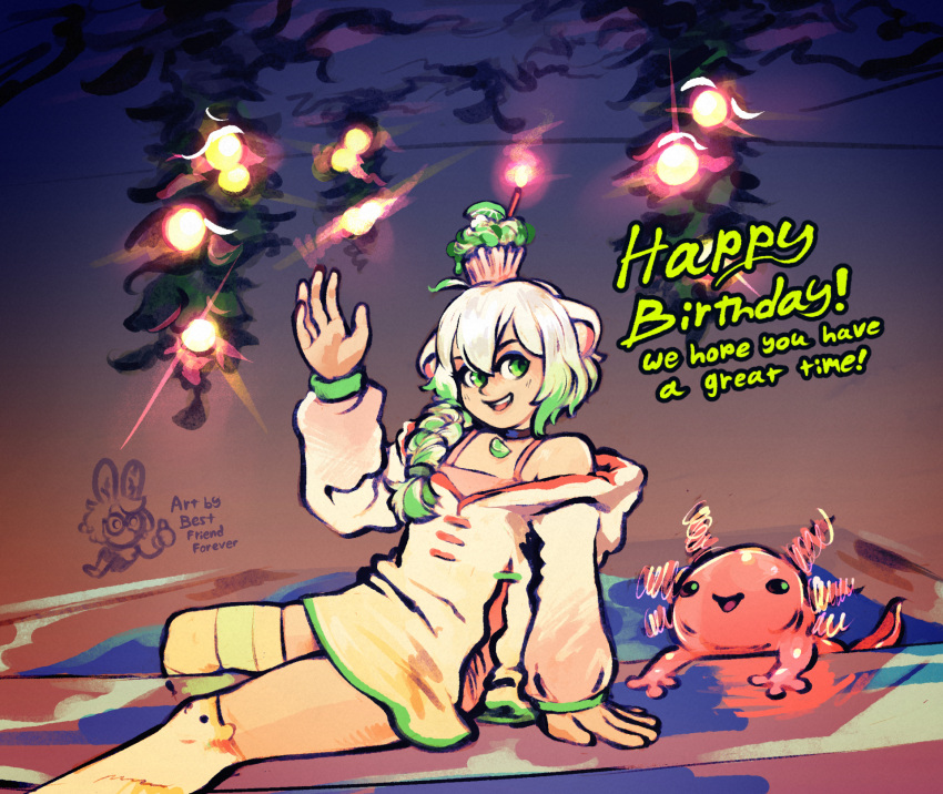 1girl, animal_ear_legwear, animal_ears, asymmetrical_legwear, axolotl, bestfriendforever, braid, choker, commentary, cupcake, english_commentary, ferret_ears, ferret_girl, food, food-themed_necklace, fruit, green_eyes, green_hair, happy_birthday, highres, hood, hoodie, indie_virtual_youtuber, laimu_(vtuber), lights, lime_(fruit), lime_slice, long_sleeves, mismatched_legwear, multicolored_hair, pool, signature, skirt, smile, striped, striped_thighhighs, thigh-highs, vinesauce, virtual_youtuber, white_hair