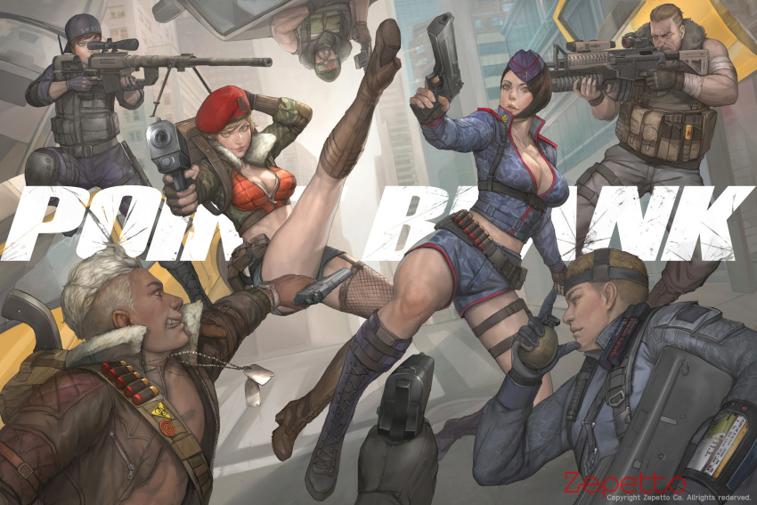 3girls, 4boys, assault_rifle, beret, boots, breasts, explosive, goggles