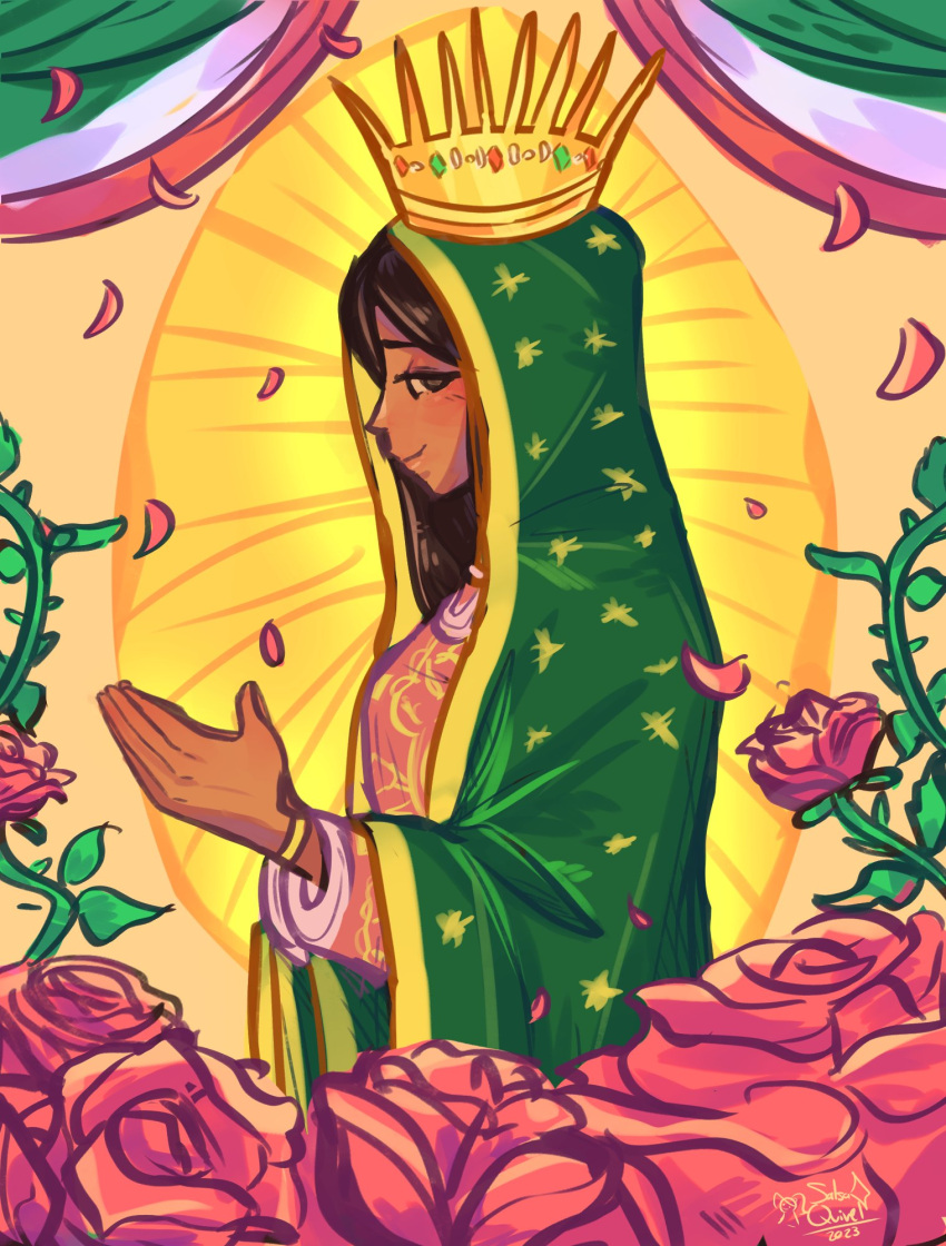 1girl, brown_eyes, brown_hair, cape, christian_mythology, christianity, crown, dark_skin
