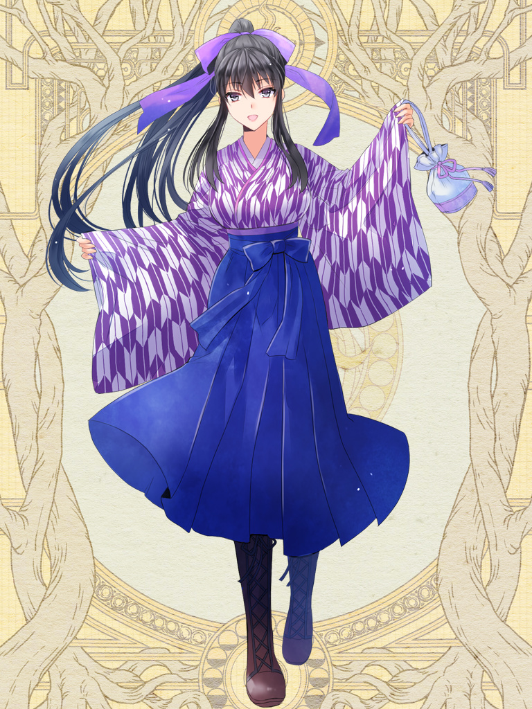 1girl, :d, bag, black_eyes, black_hair, blue_skirt, brown_footwear, cross-laced_footwear