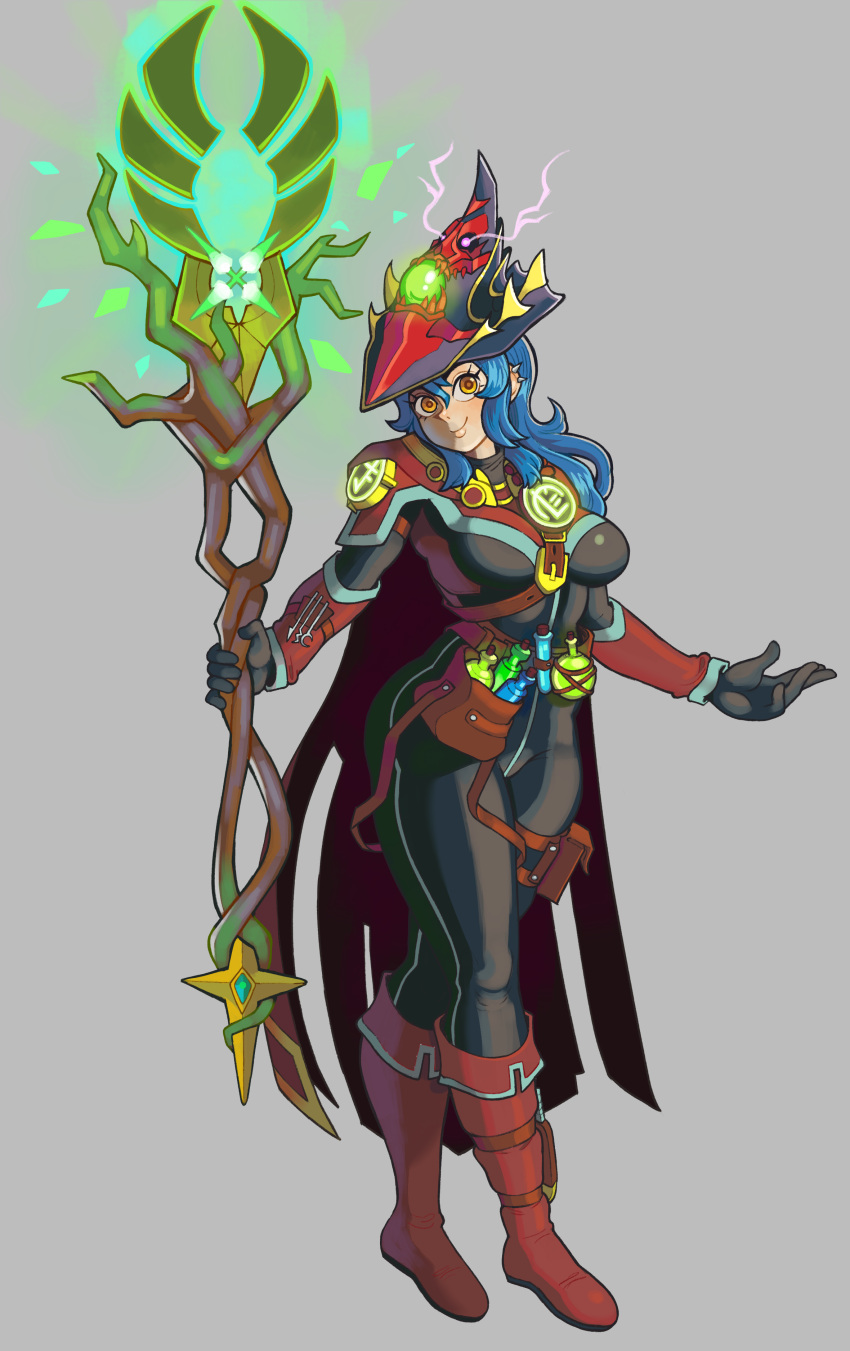 1girl, absurdres, bag, belt_pouch, blue_hair, bodysuit, boot_knife, boots, breasts, cape, commentary, commission, completionist_cape_(runescape), dang_(runescape), duellist's_cap_(tier_6), edu_pompom, english_commentary, fractured_staff_of_armadyl_(runescape), full_body, gloves, glowing_hat, hat, highres, holding, holding_staff, long_hair, medium_breasts, orange_eyes, original, potion, pouch, runescape, satchel, shiny_lips, simple_background, smile, solo, spiked_ear_piercing, staff, standing, tools, vial, weapon