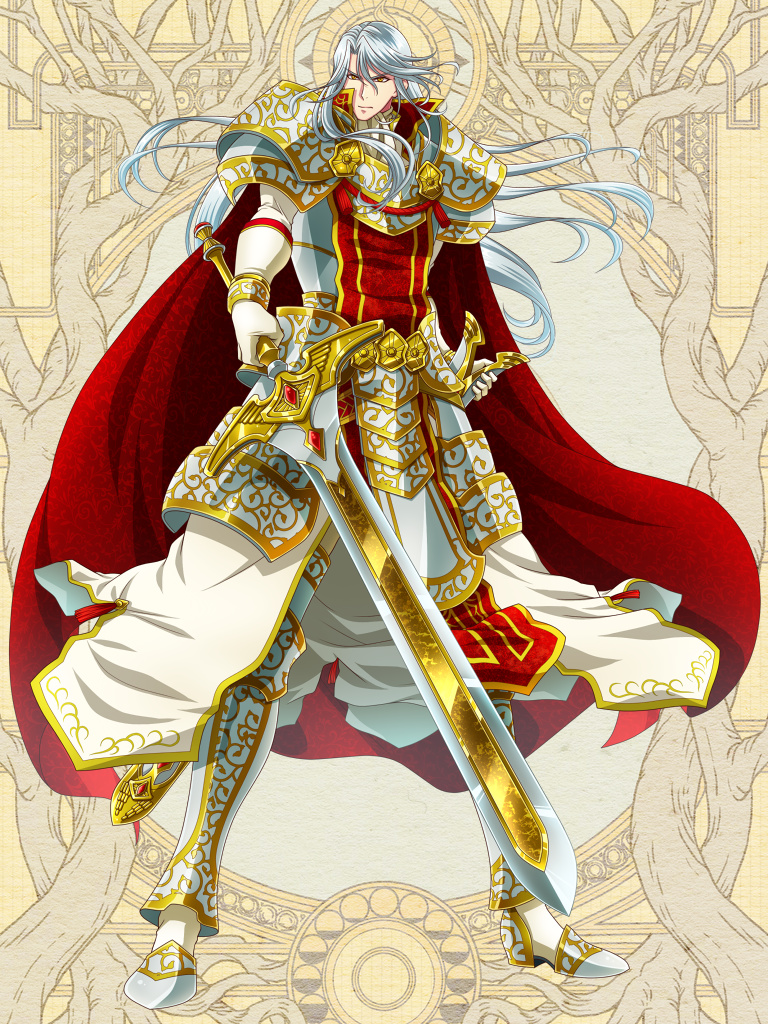 1boy, bracelet, cape, dairoku_ryouhei, gold_trim, holding, holding_sheath, holding_sword