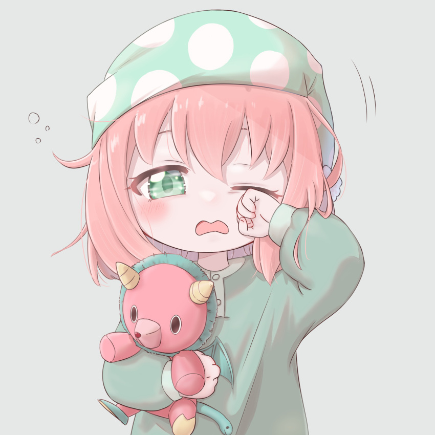 1girl, anya_(spy_x_family), arm_up, blush, brown_hair, buttons, child, clenched_hands, commentary, green_eyes, green_pajamas, green_shirt, hair_between_eyes, hat, highres, holding, holding_stuffed_toy, itokena_ai, long_hair, messy_hair, motion_lines, nightcap, one_eye_closed, open_mouth, pajamas, pink_hair, rubbing_eyes, shirt, sleep_bubble, sleepy, solo, spy_x_family, stuffed_animal, stuffed_toy, upper_body, waking_up