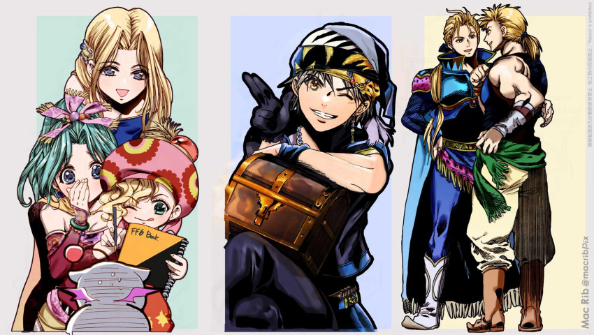 3boys, 3girls, bare_shoulders, blonde_hair, blue_eyes, bow, breasts, cape, celes_chere, detached_sleeves, dress, edgar_roni_figaro, final_fantasy, final_fantasy_vi, gloves, green_eyes, green_hair, hair_ribbon, highres, jewelry, lock_cole, long_hair, macrib, mash_rene_figaro, moogle, multiple_boys, multiple_girls, open_mouth, pantyhose, ponytail, relm_arrowny, ribbon, smile, tina_branford