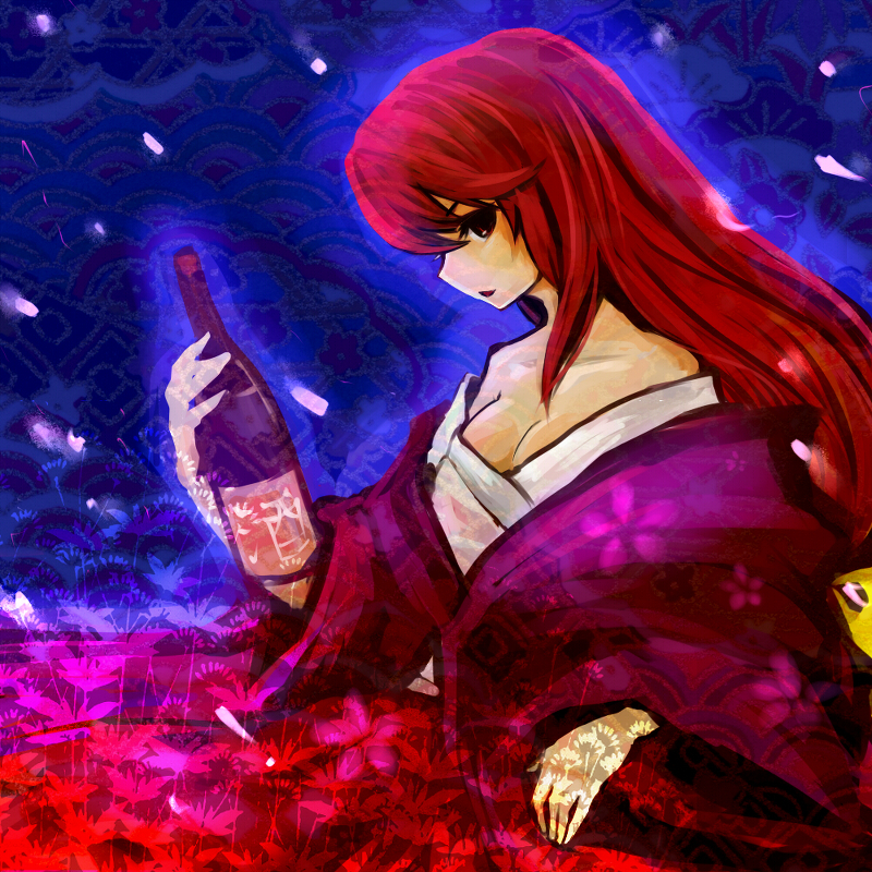 bottle, bow, breasts, chagu, cherry_blossoms, cleavage, flower, hair_bow