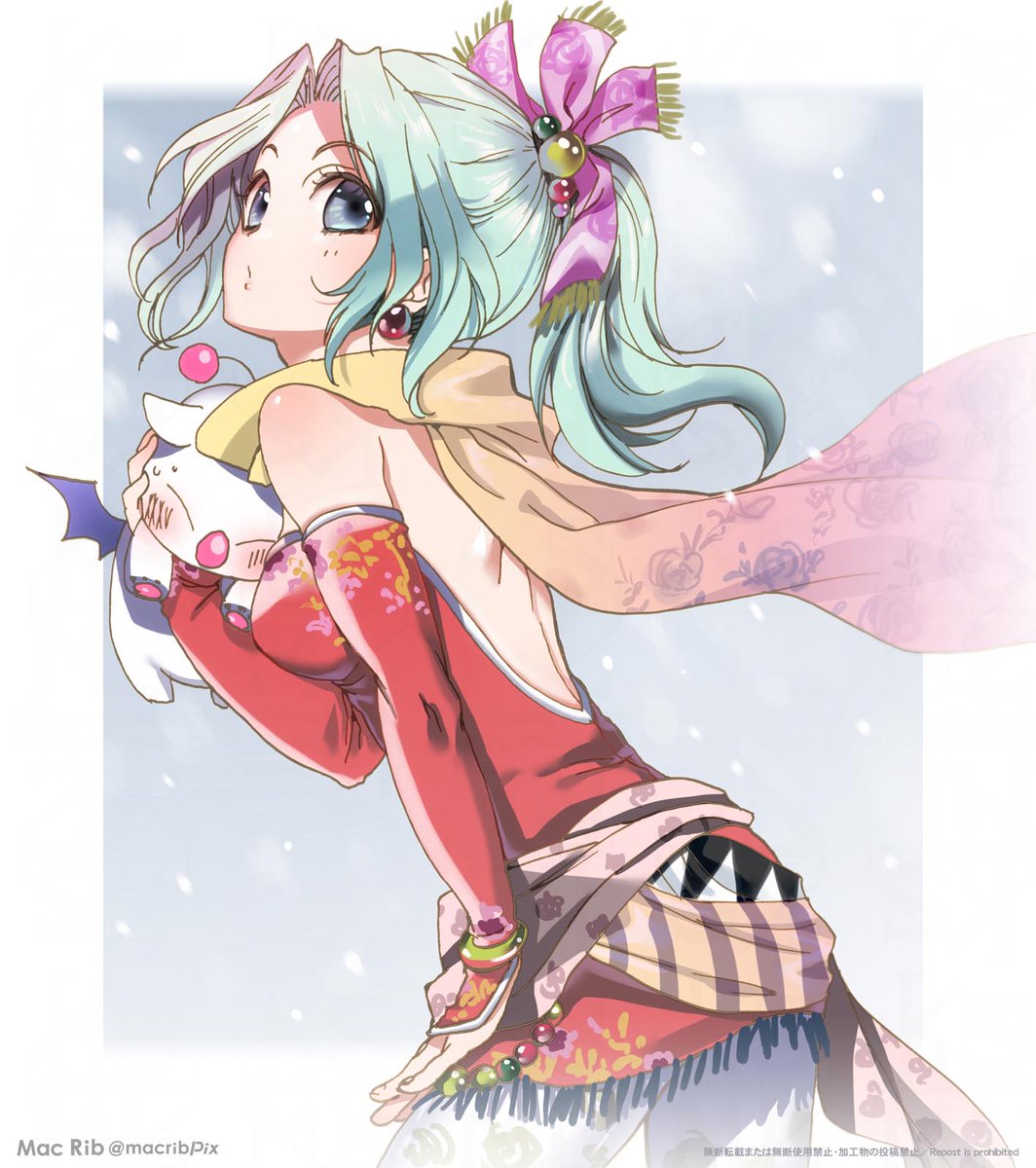 1girl, bare_shoulders, blue_eyes, breasts, cape, detached_sleeves, dress, earrings, final_fantasy, final_fantasy_vi, green_hair, hair_ribbon, highres, jewelry, long_hair, looking_at_viewer, macrib, moogle, pantyhose, ponytail, ribbon, solo, tina_branford