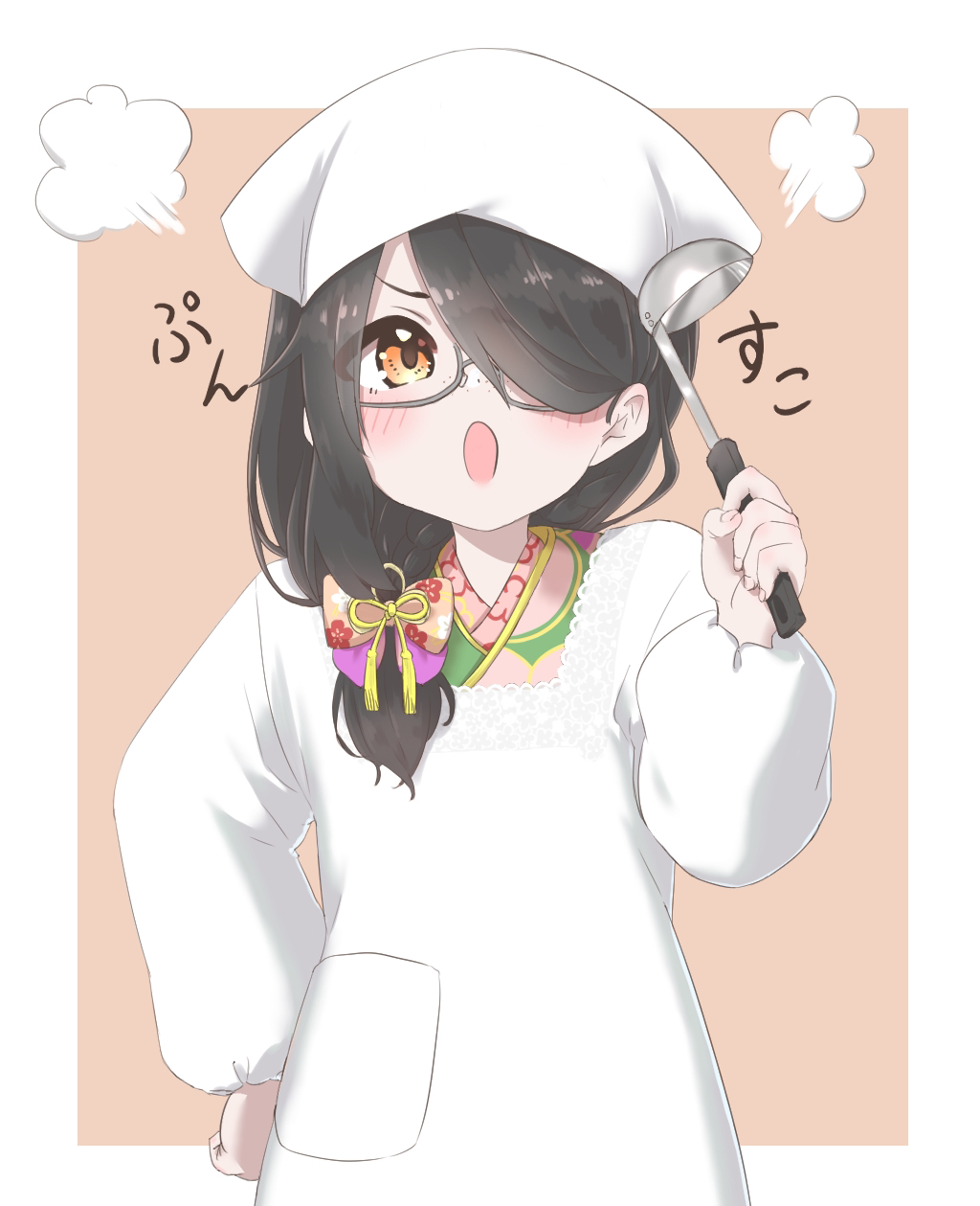 1girl, apron, blush, border, bow, brown_background, commentary, cowboy_shot, grey-framed_eyewear, hair_bow, hair_over_one_eye, hair_over_shoulder, hand_on_hip, hand_up, head_steam, highres, holding, holding_ladle, indie_virtual_youtuber, itokena_ai, itou_life_(vtuber), ladle, long_sleeves, looking_at_viewer, open_mouth, orange_eyes, puffy_sleeves, simple_background, solo, sound_effects, swept_bangs, white_apron, white_border, white_headwear