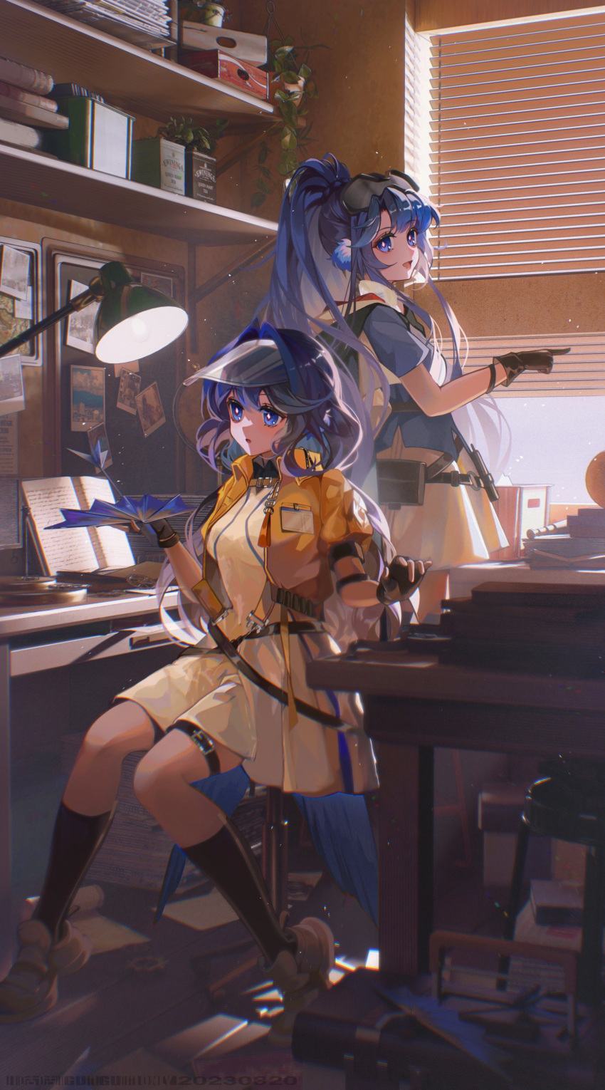 2girls, :d, absurdres, alternate_costume, animal_ear_fluff, arknights, astesia_(arknights), astesia_(fantastic_crafts)_(arknights), astgenne_(arknights), bar_stool, black_cape, black_gloves, black_socks, blind, blue_eyes, blue_hair, blue_shirt, book, book_stack, bright_pupils, cape, chinese_commentary, commentary_request, dated, desk_lamp, diamond-shaped_pupils, diamond_(shape), dress, fingerless_gloves, full_body, gloves, goggles, goggles_on_head, hair_between_eyes, highres, holding, jacket, kneehighs, lamp, long_hair, looking_at_another, looking_at_object, multiple_girls, open_book, open_clothes, open_jacket, orange_footwear, paper_airplane, parted_lips, photo_(object), plant, ponytail, potted_plant, shelf, shirt, shoes, short_sleeves, siblings, sidelocks, sisters, skirt, smile, socks, stool, suitcase, symbol-shaped_pupils, table, very_long_hair, white_dress, white_pupils, white_skirt, window, wooden_floor, xianyu_guguzi, yellow_jacket
