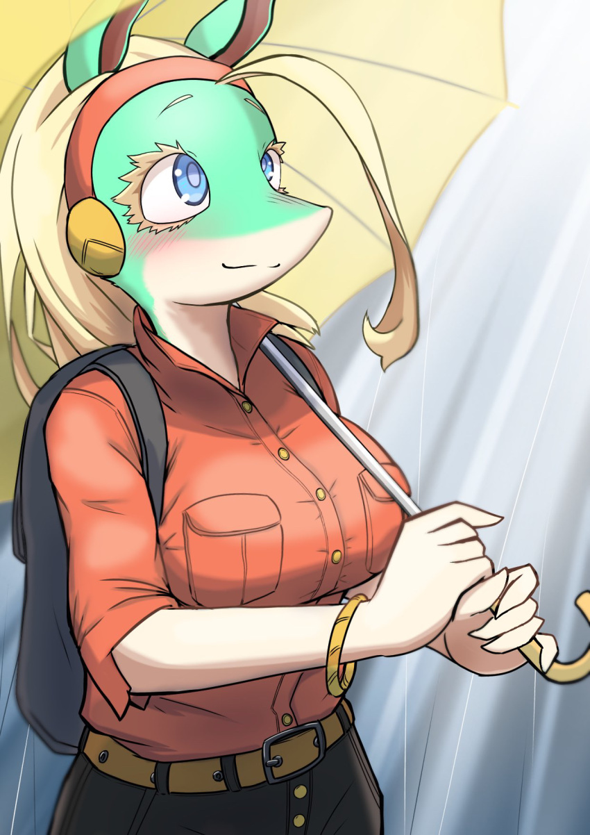 1girl, animal_ears, blonde_hair, blush, boku_no_hero_academia, bracelet, breasts, colored_skin