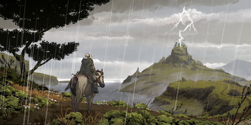 1boy, absurdres, brown_gloves, cape, fantasy, fog, geralt_of_rivia, gloves