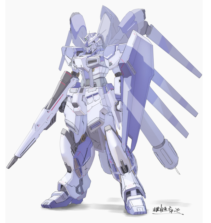 absurdres, arm_shield, char's_counterattack, char's_counterattack_-_beltorchika's_children, clenched_hand, fin_funnels, full_body, green_eyes, gun, gundam, hi-nu_gundam, highres, holding, holding_gun, holding_weapon, looking_down, mecha, mobile_suit, no_humans, otoi_(zgmfx90e), robot, shadow, solo, v-fin, weapon