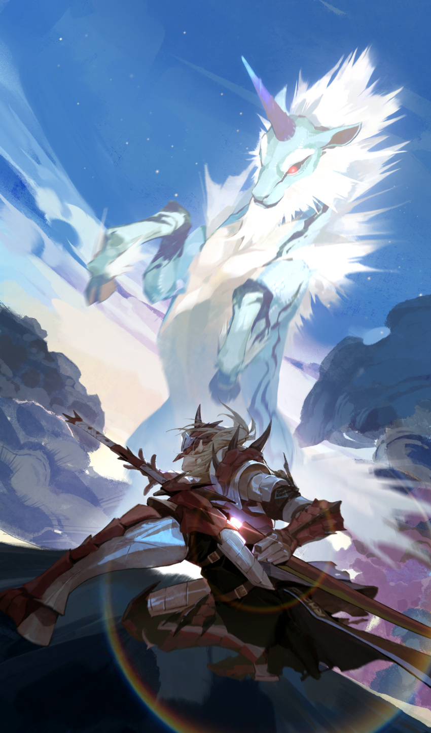 1boy, absurdres, arknights, armor, battle, blonde_hair, chinese_commentary, clouds