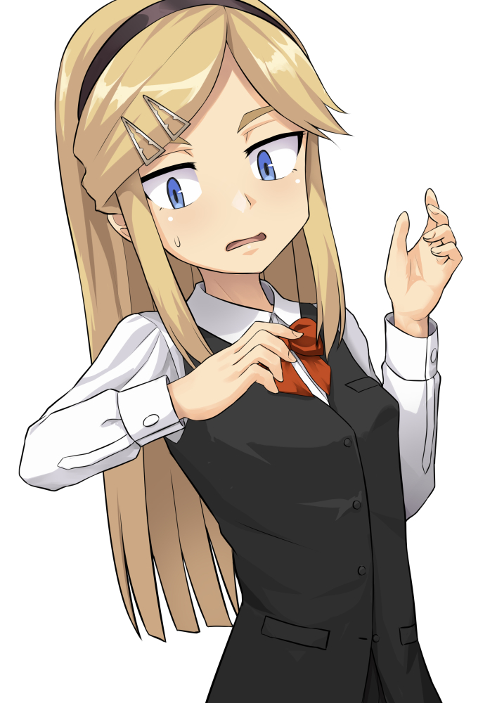 1girl, akira_edgworth, black_hairband, black_vest, blonde_hair, blue_eyes, cowboy_shot, hair_ornament, hairband, hairclip, long_hair, long_sleeves, neck_ribbon, open_mouth, parted_bangs, red_ribbon, ribbon, shironagasu-tou_e_no_kikan, shirt, simple_background, sweat, sweatdrop, umarutsufuri, vest, white_background, white_shirt