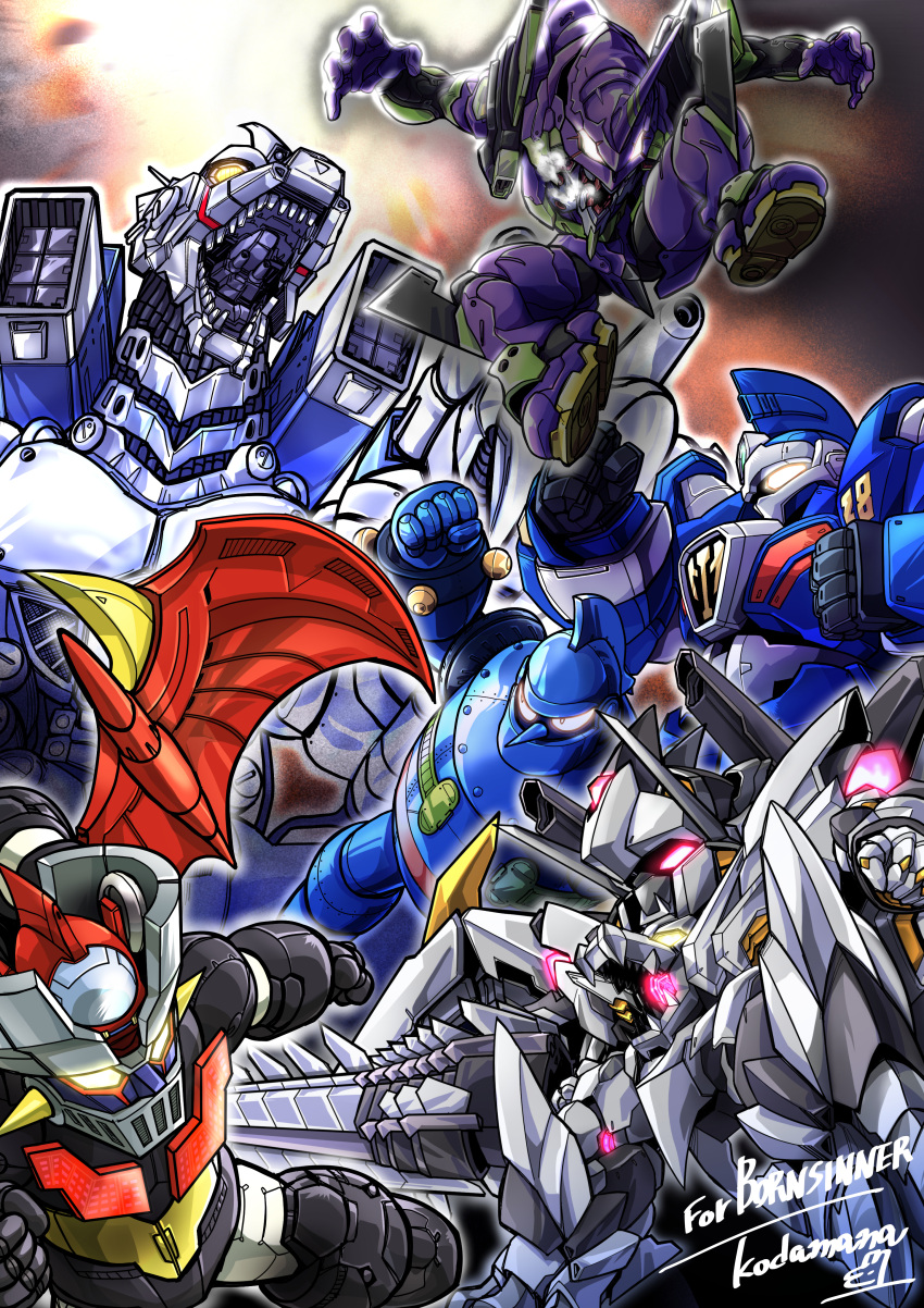 absurdres, airborne, artist_name, chibi, clenched_hand, clenched_hands, crossover, eva_01