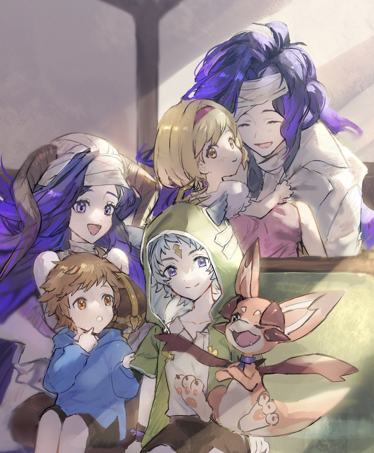 aged_down, animal_ears, bandaged_head, bandages, blonde_hair, brown_eyes, brown_hair, djeeta_(granblue_fantasy), dragon, erune, gran_(granblue_fantasy), granblue_fantasy, grey_hair, hairband, highres, hood, horns, long_hair, one_eye_closed, orologia_(female), orologia_(male), purple_hair, seox_(granblue_fantasy), shiromimin, violet_eyes, vyrn_(granblue_fantasy), yellow_eyes