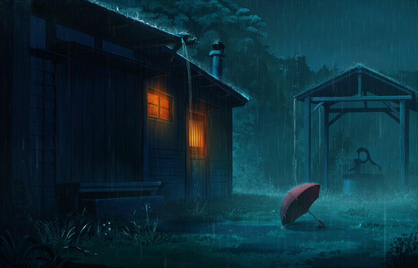 building, bush, chimney, clouds, grass, highres, night, original, outdoors, pump, rain, rajawat, sky, tree, umbrella, well