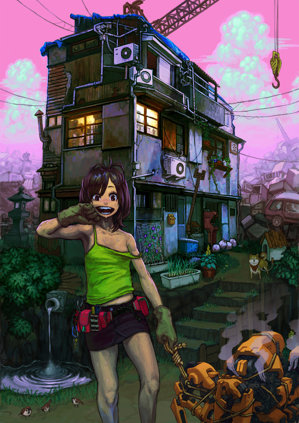 building, camisole, dog, gloves, highres, house, jon_taira, junk