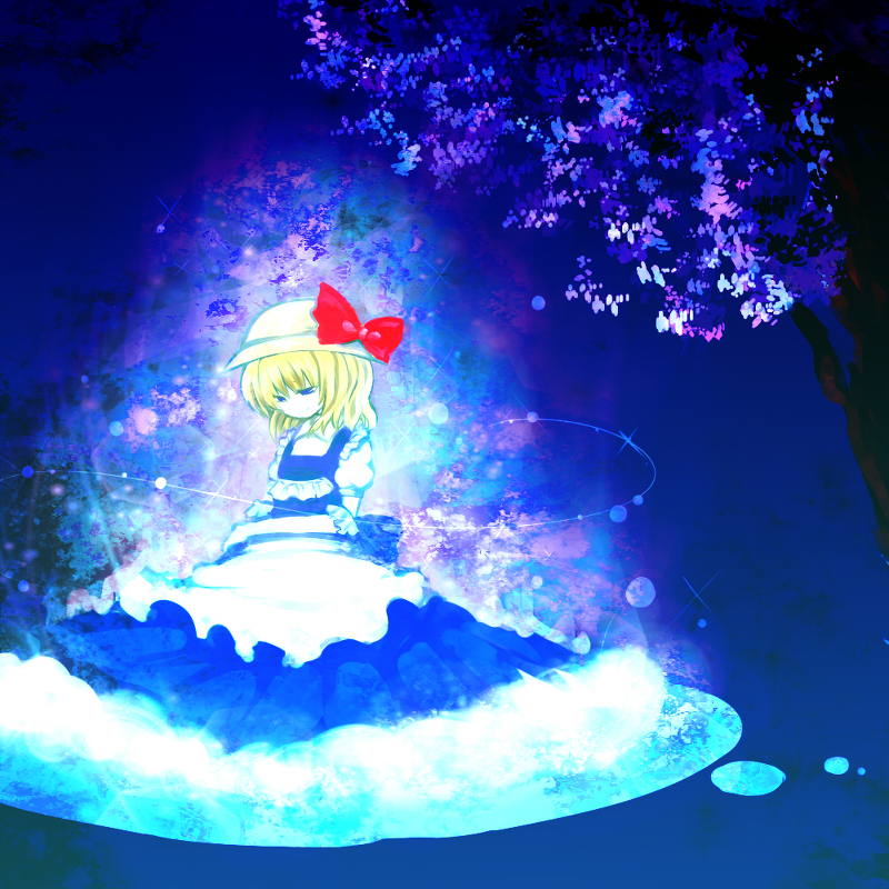 blonde_hair, blue_eyes, bow, chagu, cherry_blossoms, elbow_gloves, gloves, hat