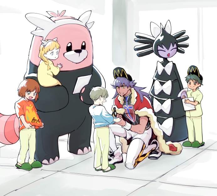 1girl, 4boys, baseball_cap, bewear, cape, carrying, champion_uniform, dark-skinned_male