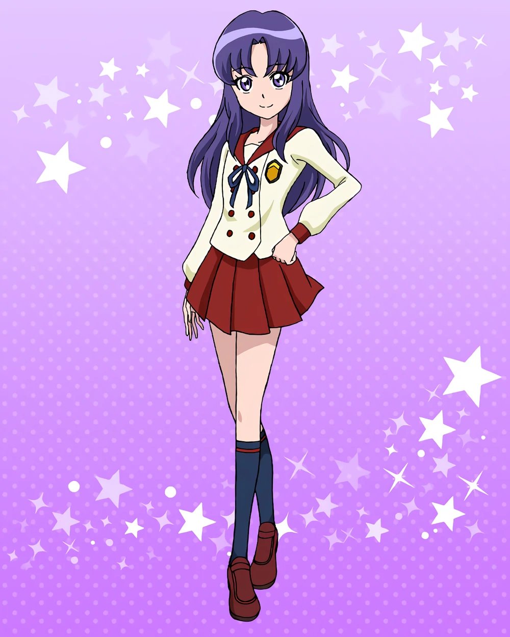 1girl, hand_on_hip, happinesscharge_precure!, highres, hikawa_iona, loafers, long_hair, long_sleeves, official_art, parted_bangs, pikarigaoka_middle_school_uniform, pleated_skirt, precure, precure_connection_puzzlun, purple_hair, red_sailor_collar, red_skirt, sailor_collar, school_uniform, shoes, skirt, socks, solo, third-party_source, violet_eyes