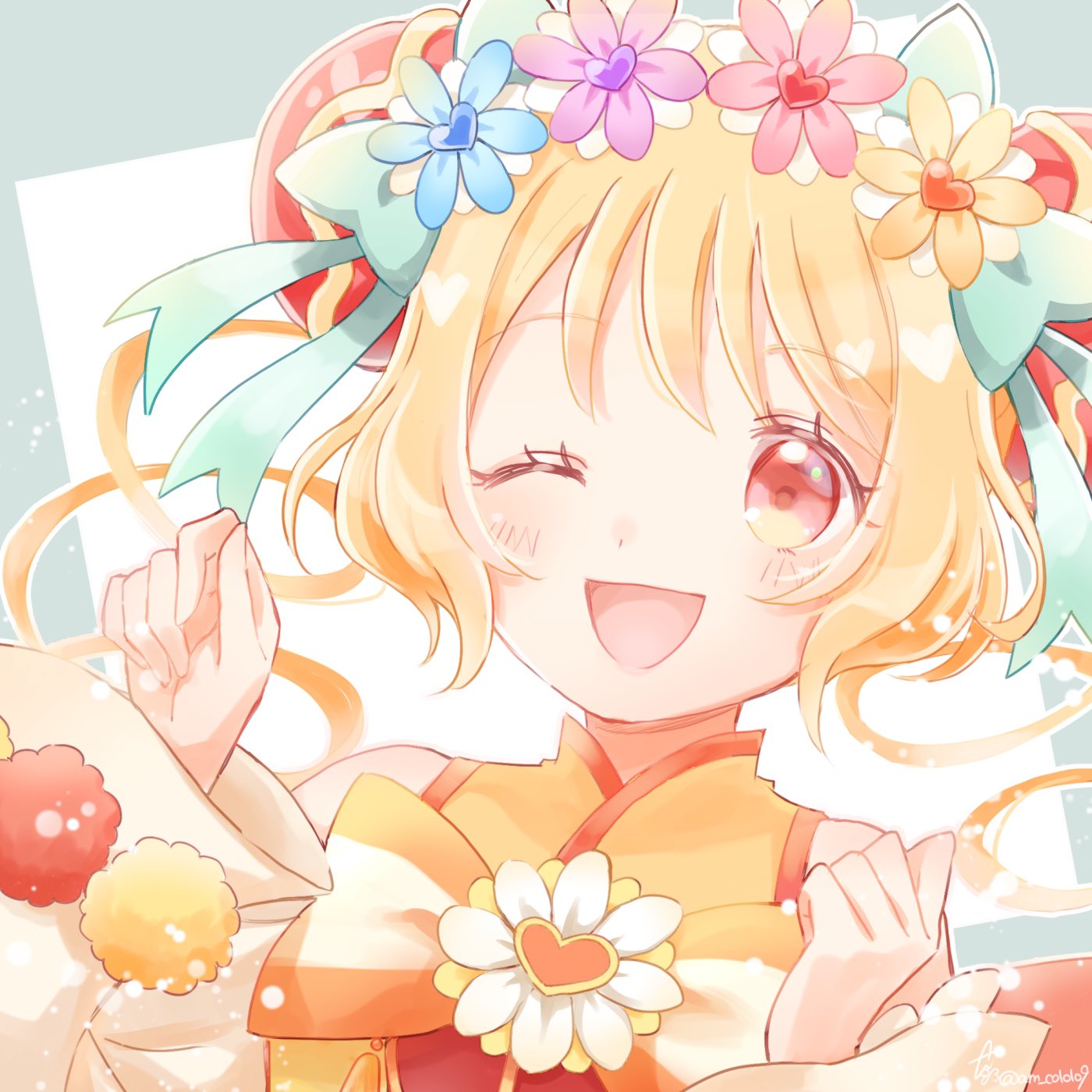 1girl, anko_maccha, blonde_hair, blush, bow, bun_cover, commentary_request, cure_yum-yum