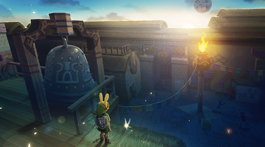 bell, building, bunny_hood_(the_legend_of_zelda), clouds, dawn, fire, green_tunic, highres, hylian_shield, link, moon_(majora's_mask), nshi, on_roof, sky, stone_floor, string_of_flags, tatl, the_legend_of_zelda, the_legend_of_zelda:_majora's_mask