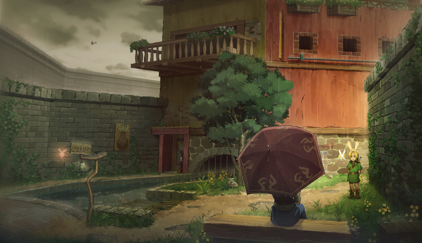 1girl, 2boys, animal_ears, anju, bell, blue_eyes, blue_skirt, brown_footwear, building, bunny_hood_(the_legend_of_zelda), commentary, english_commentary, fairy, fake_animal_ears, flower, frog, green_headwear, green_tunic, highres, holding, holding_umbrella, kafei, kotake, link, multiple_boys, nshi, outdoors, overcast, rabbit_ears, rain, red_umbrella, shield, short_sleeves, sign, sitting, skirt, sword, tatl, the_legend_of_zelda, the_legend_of_zelda:_majora's_mask, umbrella, water, weapon, young_link