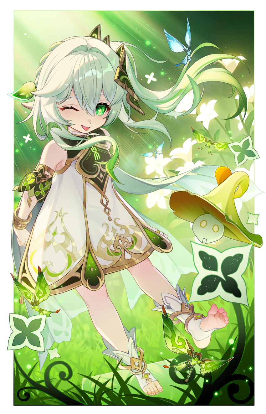 1girl, ;p, absurdres, asymmetrical_hair, bare_shoulders, blush, border, bracelet