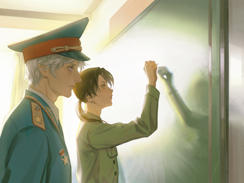 2boys, axis_powers_hetalia, black_hair, blonde_hair, chalk, chalkboard, china_(hetalia), epaulettes