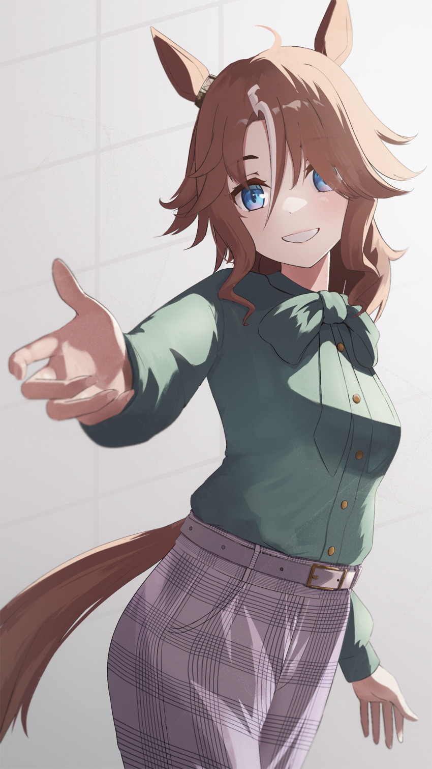 1girl, ahoge, animal_ears, belt, blue_eyes, brown_hair, cowboy_shot, ear_ornament, green_shirt, grey_belt, grid_background, hair_over_one_eye, highres, horse_ears, horse_girl, horse_tail, kimura_komekami, long_sleeves, looking_at_viewer, medium_hair, mejiro_palmer_(umamusume), outstretched_hand, pants, plaid, plaid_pants, shirt, smile, solo, tail, teeth, umamusume