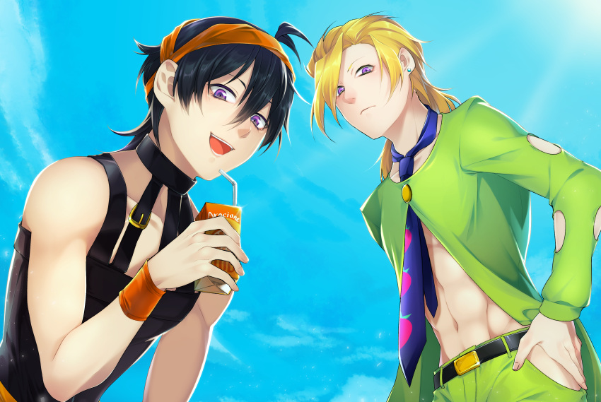 2boys, absurdres, black_hair, blonde_hair, clothing_cutout, earrings, food_print, headband