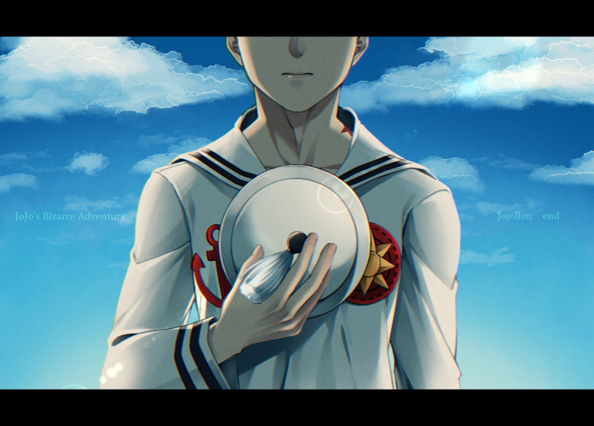 1boy, birthmark, clouds, cloudy_sky, dixie_cup_hat, hand_on_own_chest, hat, head_out_of_frame