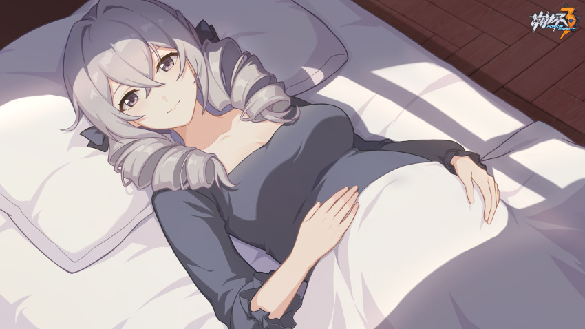 1girl, alexandra_pavlovna_zaychik, breasts, drill_hair, grey_eyes, grey_hair, hair_between_eyes, hand_on_own_stomach