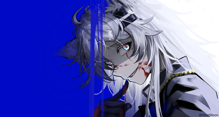 1girl, animal_ears, arknights, black_coat, black_gloves, blending, blood, blood_on_face