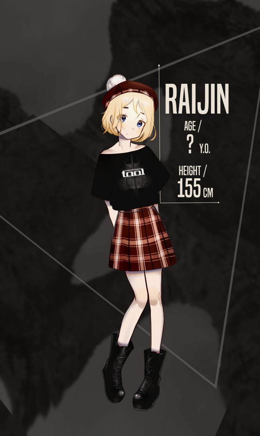 1girl, absurdres, arms_behind_back, black_footwear, black_shirt, blonde_hair, blue_eyes, boots, commentary, eyes_visible_through_hair, full_body, hat, highres, medium_hair, miniskirt, off-shoulder_shirt, off_shoulder, original, plaid, plaid_skirt, red_headwear, red_skirt, shirt, skirt, solo, tam_o'_shanter, tool_(band), usergore