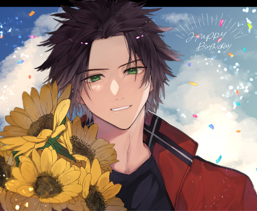 1boy, arashiyama_jun, arashiyama_squad's_uniform, black_shirt, brown_hair, clouds, cloudy_sky, flower, green_eyes, happy_birthday, highres, holding, holding_flower, jacket, looking_ahead, looking_at_viewer, open_clothes, open_jacket, red_jacket, shimatori_(sanyyyy), shirt, short_hair, sky, smile, sunflower, world_trigger