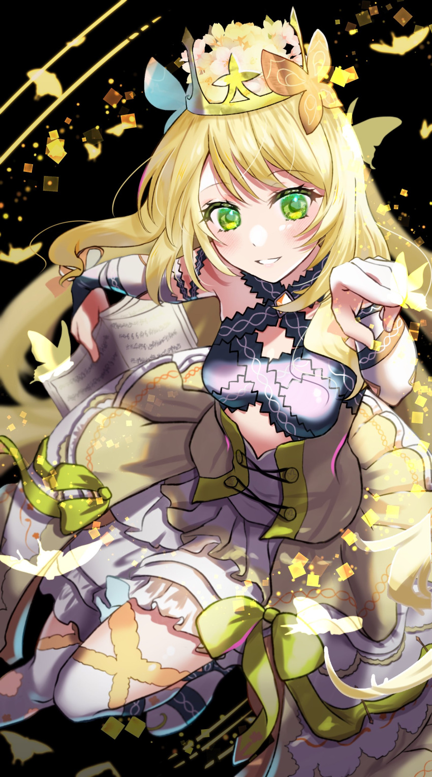 1girl, absurdres, blonde_hair, book, breasts, bug, butterfly, butterfly_hair_ornament
