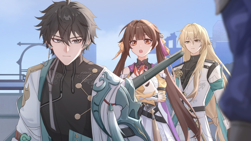 1girl, 2boys, :o, black_hair, black_shirt, blonde_hair, blue_sky, brown_eyes