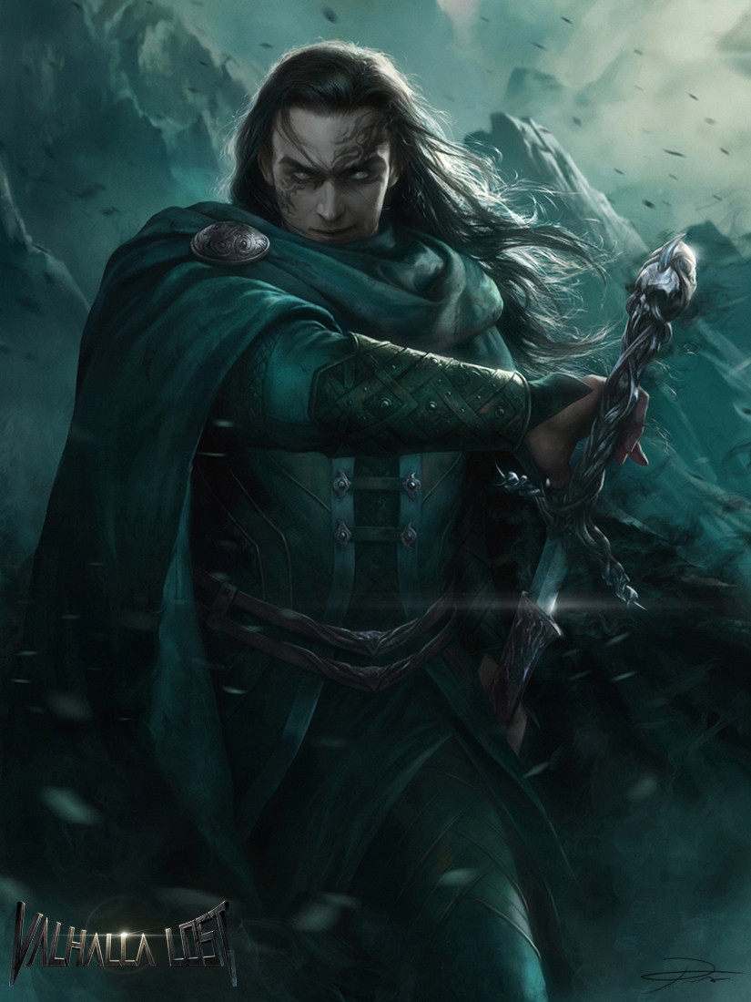 1boy, belt, black_eyes, black_hair, cloak, copyright_name, european_clothes, green_cloak, hodur_(valhalla_lost), holding, holding_sword, holding_weapon, long_hair, looking_at_viewer, outdoors, signature, solo, sword, valhalla_lost, watermark, weapon, yinyuming