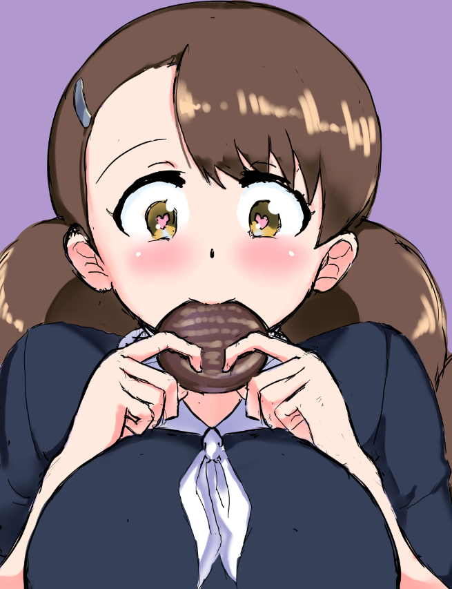 1girl, aimu_(senran_kagura), bad_link, blush, breasts, brown_eyes, brown_hair, chocolate
